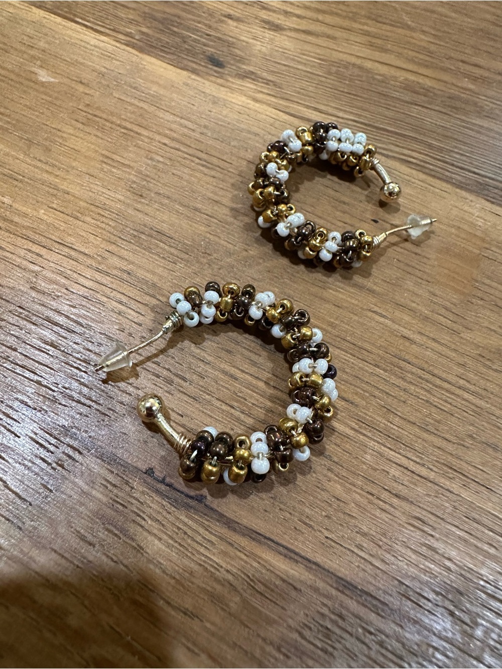 Beaded Hoop Earrings - Gold, White & Brown